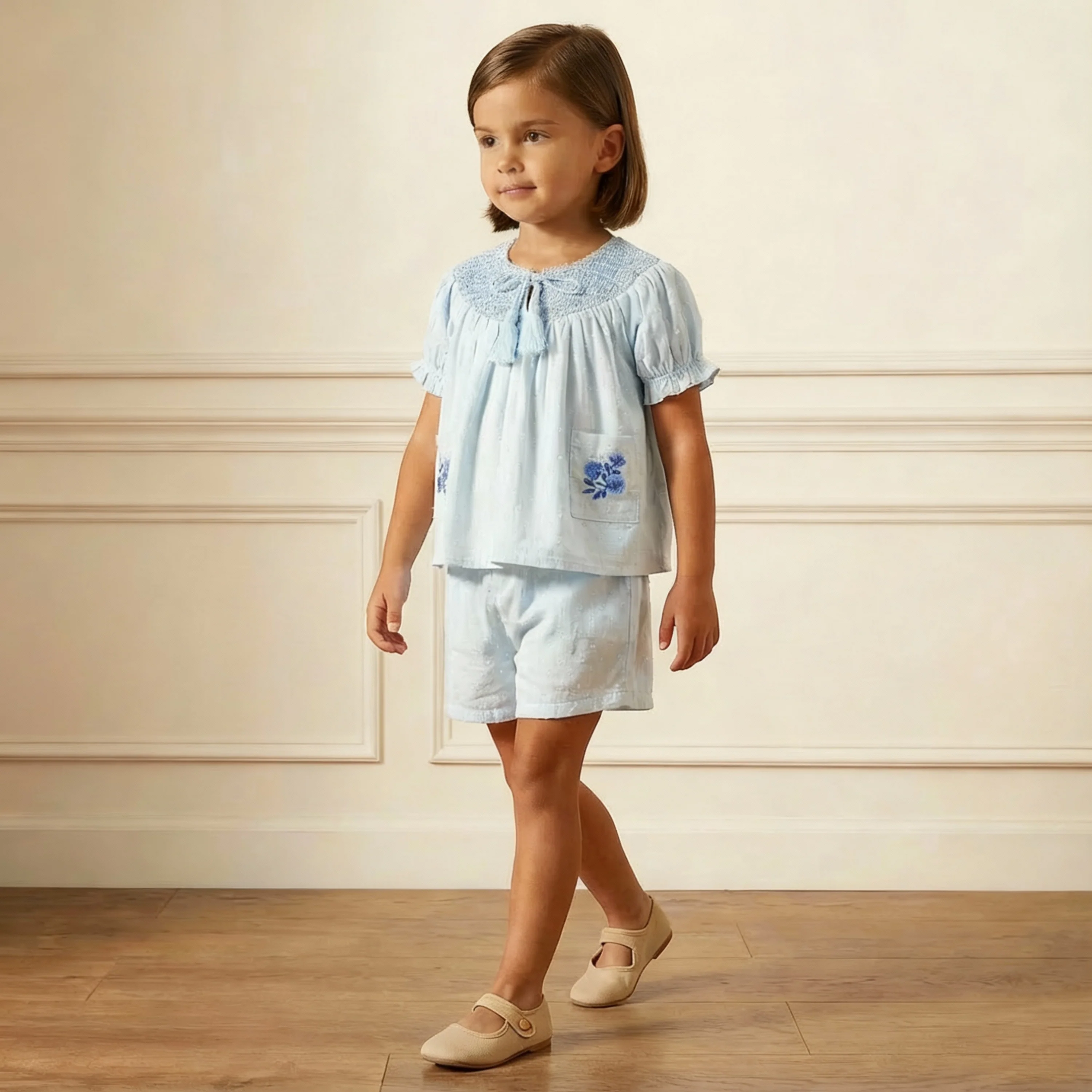 Organic Smocked Top & Shorts Set - Light Blue