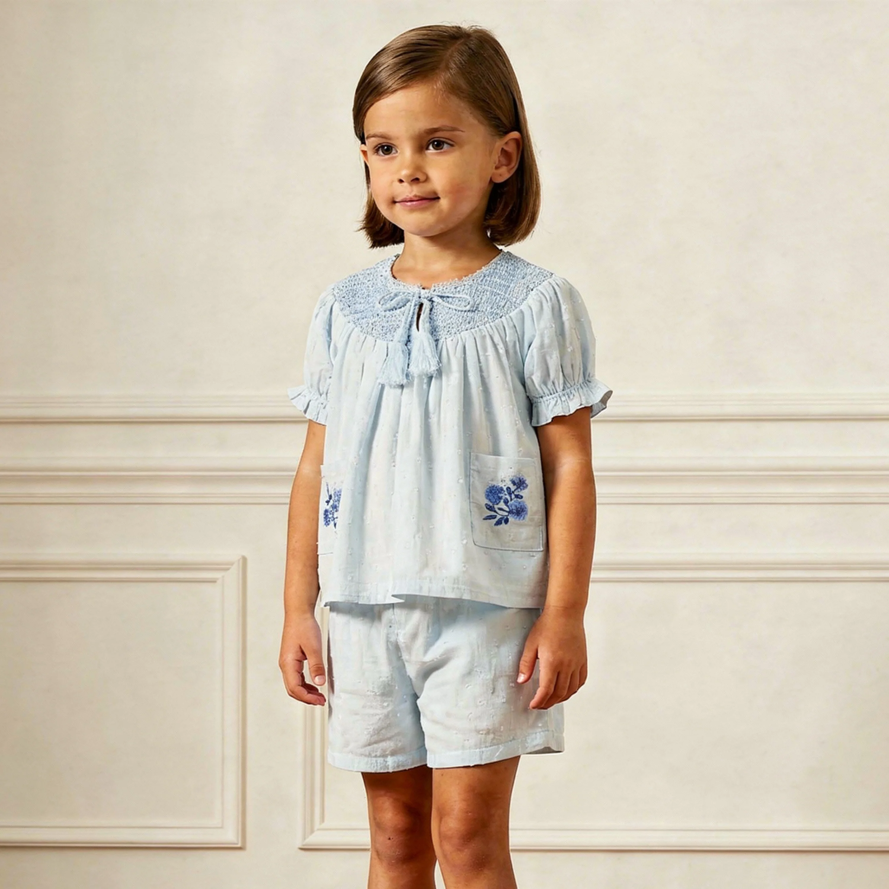 Organic Smocked Top & Shorts Set - Light Blue - Image 3