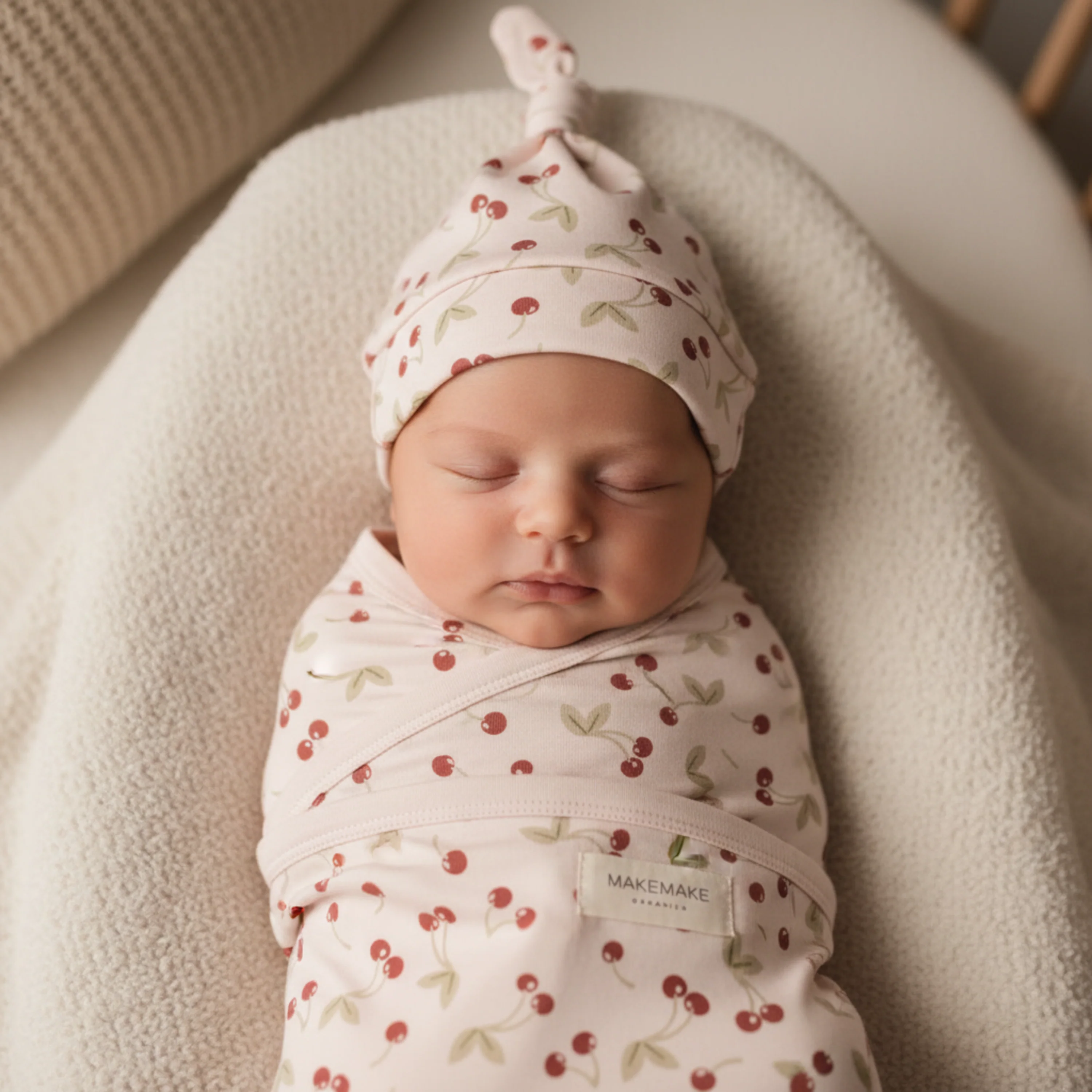 Organic Swaddle Blanket & Hat Set - Cherry - Image 3