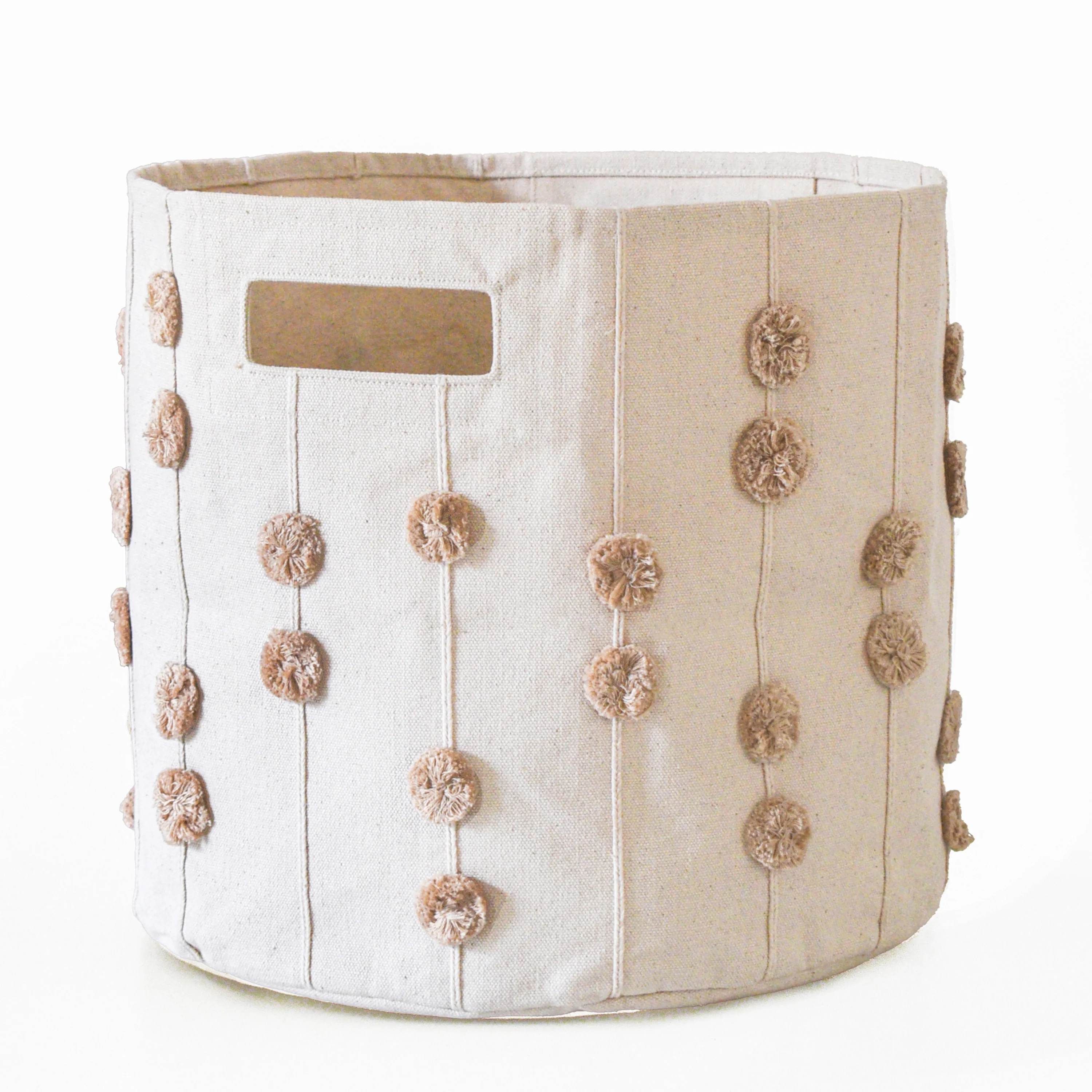 Handmade Canvas Storage Basket Pom Pom - Taupe - Image 2