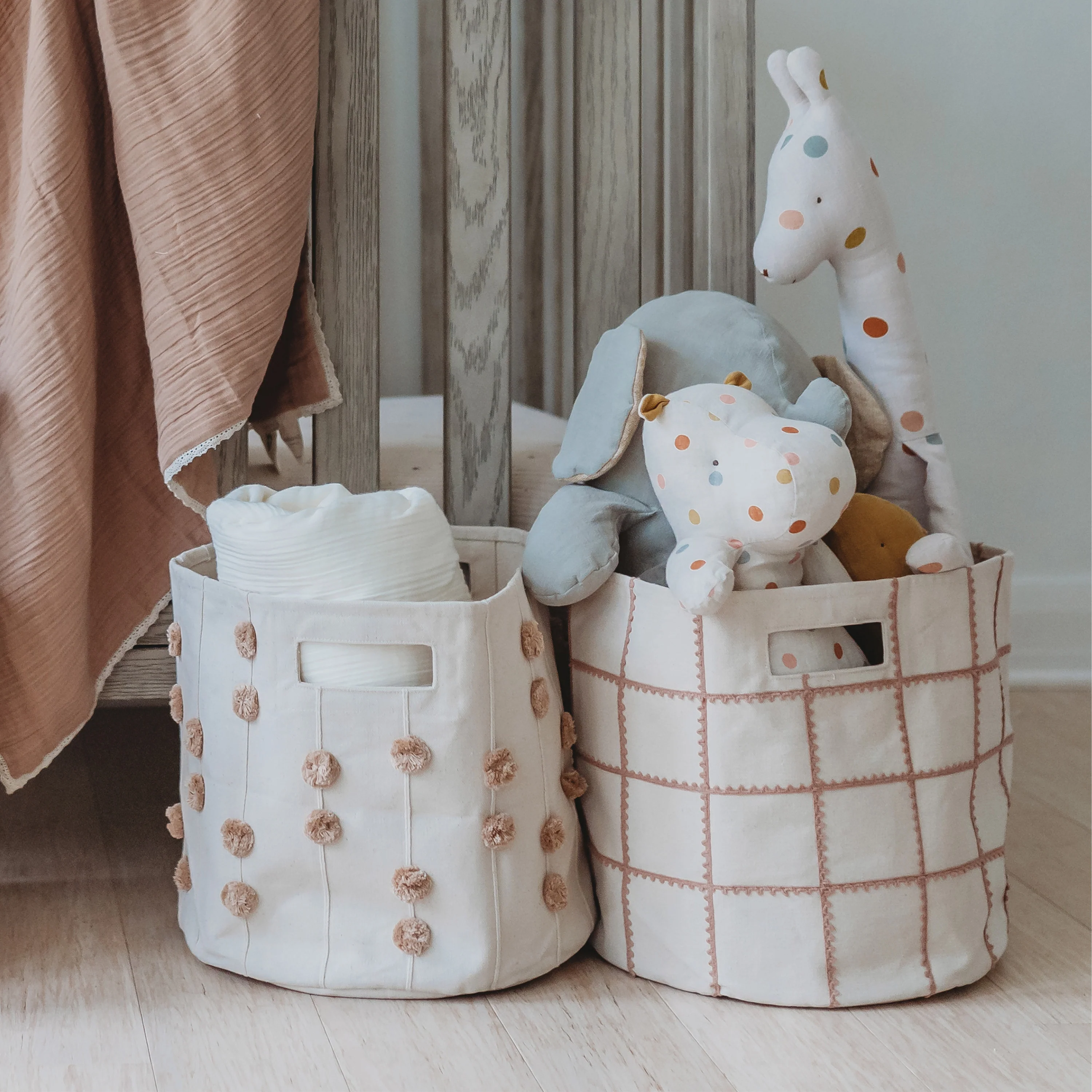Handmade Canvas Storage Basket Pom Pom - Taupe - Image 3