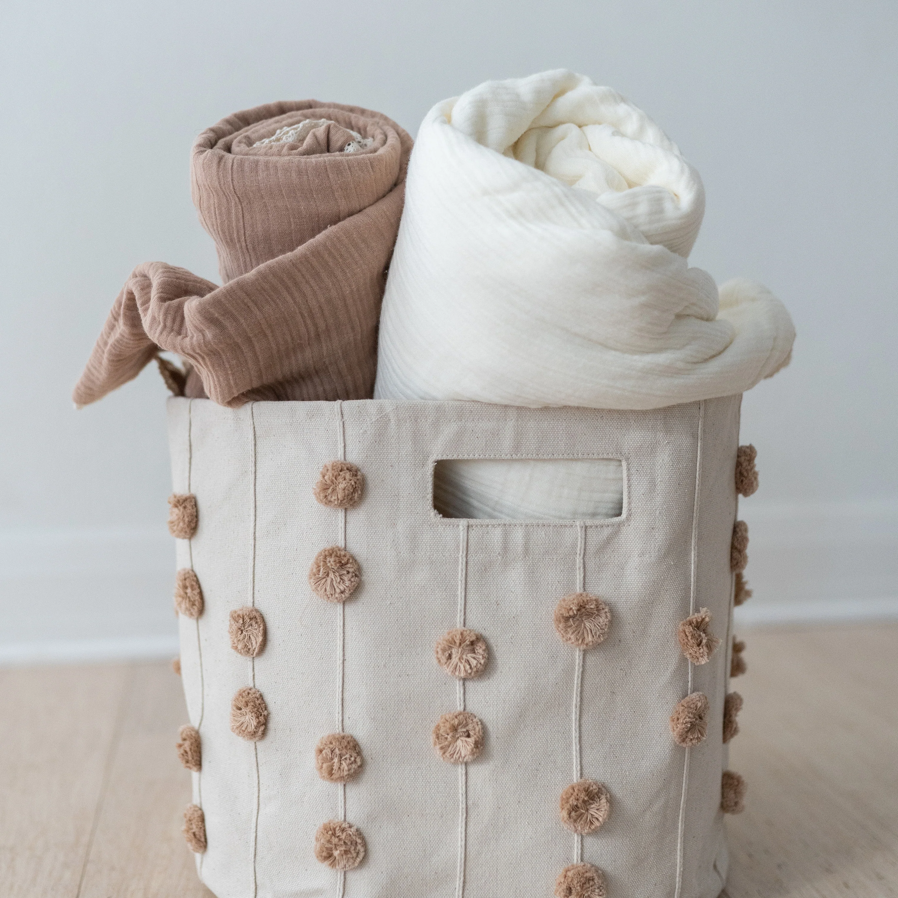 Handmade Canvas Storage Basket Pom Pom - Taupe - Image 5